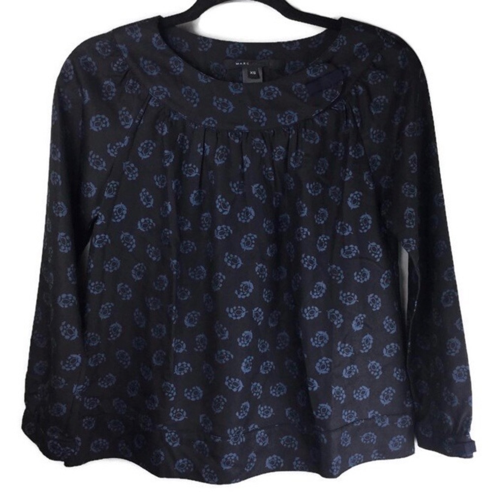 Marc Jacobs 100% Silk Paisley Print Bow 3/4 Sleeve Black Blouse Size XS